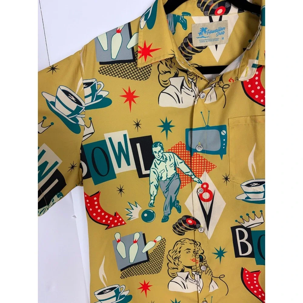 Royaura Bowling Graphic Retro Short Sleeve Button Down Shirt Size M